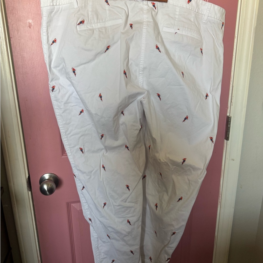 Talbots White Cotton Chino Pants with Embroidered Parrots